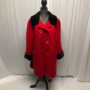 Davis of Boston Red Wool Black Faux Fur Coat Womens Custom Size Large XL Vintage